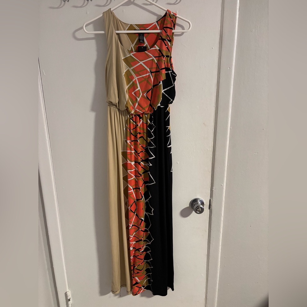 Style & Co. One Shoulder Dress in Black, Tan, and Red
